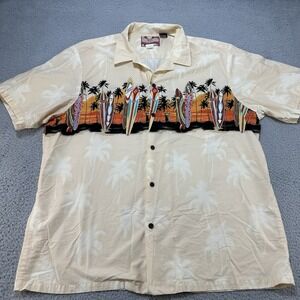 RJC Hawaiian Shirt Men's 2XL XXL Surfboard Palm Trees Leaves AOP Creme Beige USA